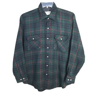 Trails End Plaid Flannel Shirt Men's Size L Green Button Up Outdoor 100% Acrylic